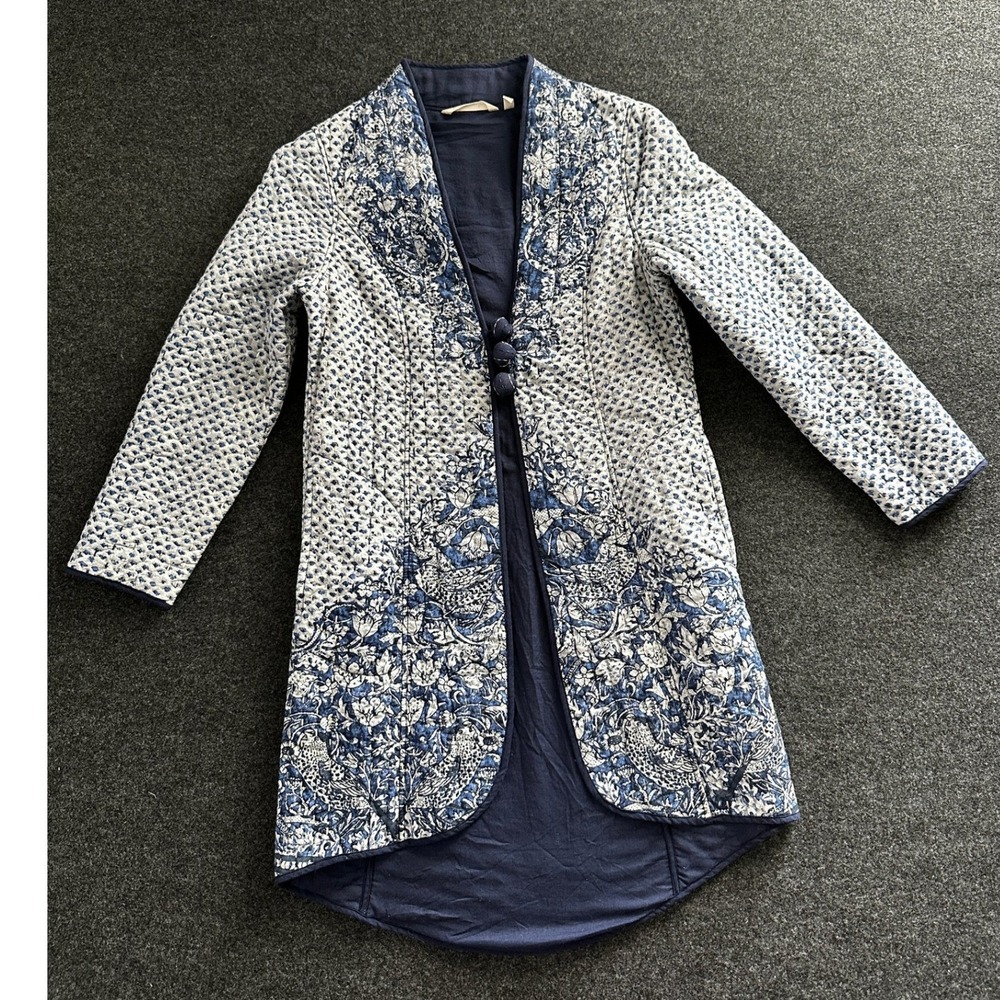 Soft Surroundings Blue White Floral Quilted Kantha Jacket Petite Small PS